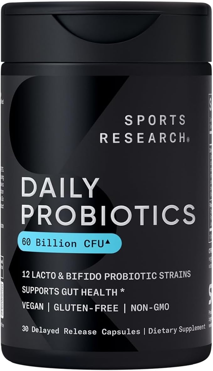 Sports Research Daily Probiotics with Prebiotics, 60 Billion CFU - Vegan Capsules for Gut Health & Digestive Support, Probiotics for Women & Men - Non-GMO Verified & Gluten Free - 30 Count product image