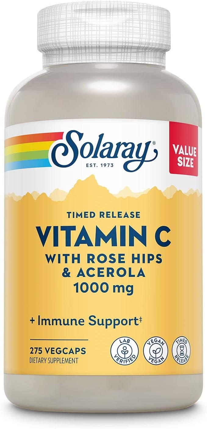 SOLARAY Vitamin C 1000 mg, Rose Hips & Acerola Bioflavonoids, Sustained Release Capsules, Two-Stage High Absorption & All-Day Immune Support, 60-Day Supply, 275 Servings, 275 Veggie Capsules product image