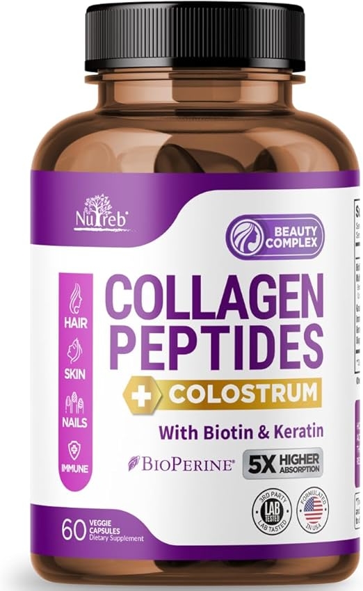 Collagen Peptides for Women with Colostrum, Biotin and Keratin - Type I, II, III, V, X - 5x Higher Absorption - Hair Skin and Nails Vitamin - Women's Collagen - Collagen Pills - 60 Capsules product image