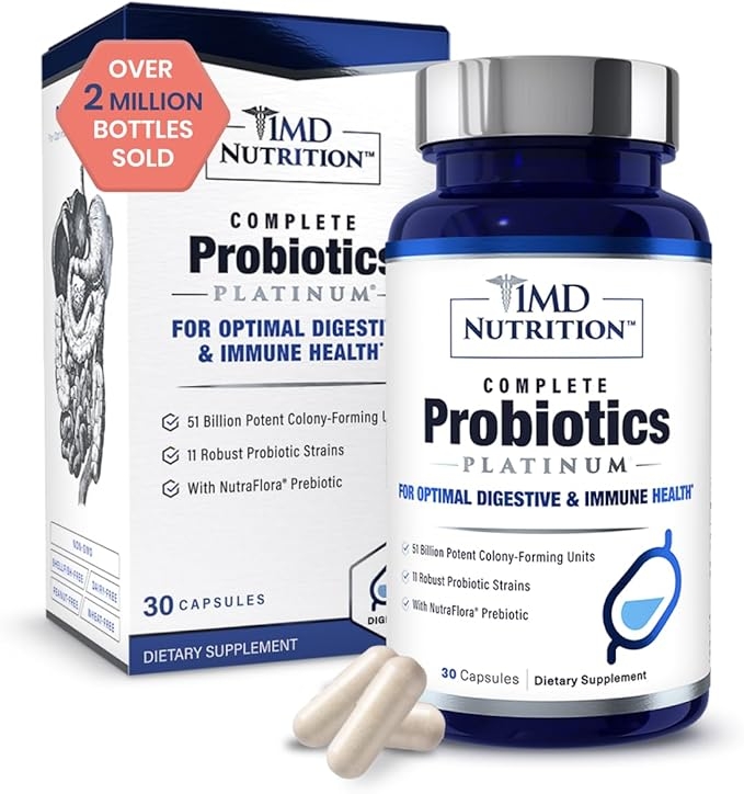 1MD Nutrition Complete Probiotics Platinum - w/Prebiotics and Probiotics for Digestive Health - Probiotic Supplement for Women & Men - More Than 50 Billion Live CFU 11 Strains Dairy-Free - 30 Caps product image
