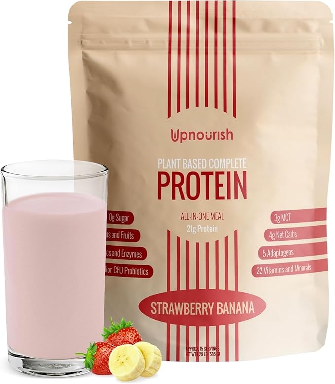 UpNourish Strawberry Banana Vegan Protein Powder with 54 Superfoods, 1.5 Billion CFU Probiotics, 21g Plant-Based Protein, Sugar-Free, Dairy-Free, Non-GMO, Meal Replacement Shake, Keto-Friendly Low-Carb Diet, 15 Servings product image
