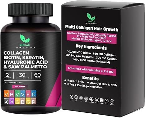 Multi Collagen Hair Pills - Biotin 10,000mcg, Keratin and Hyaluronic Acid - Hair Growth - Hair Skin and Nails - DHT Blocker, Saw Palmetto, Vitamin E, Folic Acid, Pumpkin Seed, MSM - Vegan Capsules 60 Count product image