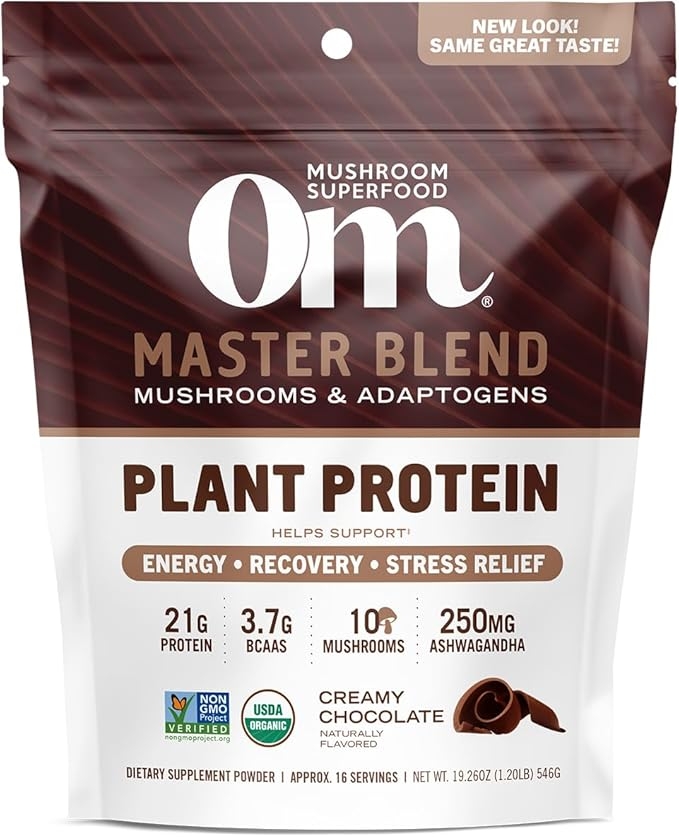 OM Mushroom Superfood Master Blend Plant-Based Protein Powder, 546g (19.5 oz), 16 Servings, Creamy Chocolate Protein with 10 Mushroom Complex, Lion's Mane, Adaptogen for Optimal Health and Recovery product image