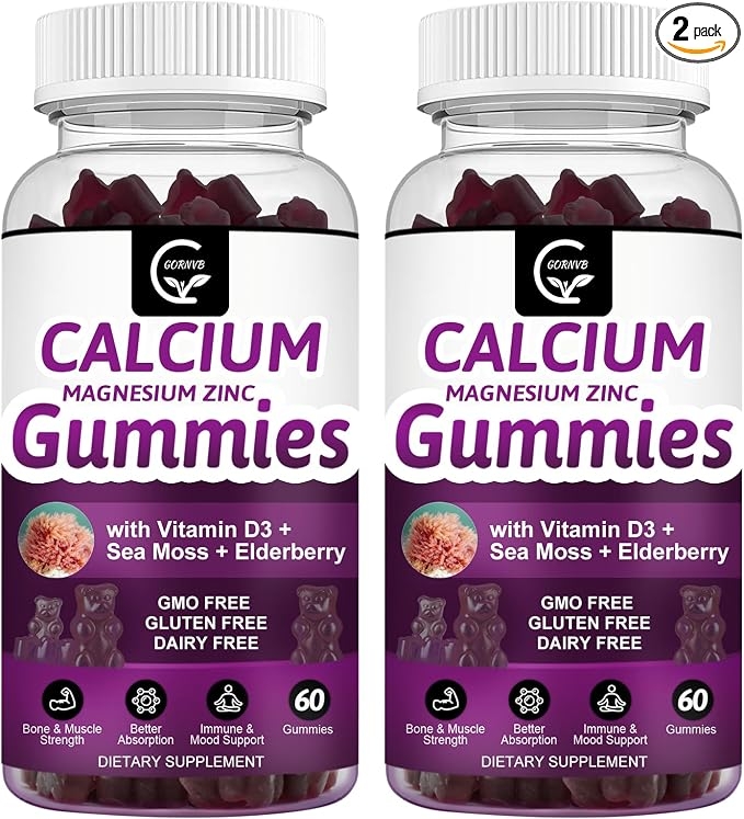 High-Absorption Calcium Magnesium Zinc Gummies with Magnesium Glycinate and Potassium – Plant-Based Calcium Magnesium 2:1 Ratio with D3 Sea Moss for Bone, Muscle, Immune, and Sleep Support, Vegan – 2-Pack product image