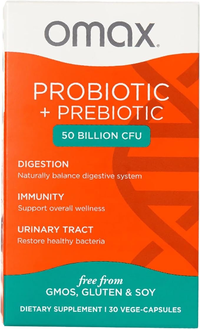 Omax Prebiotic & Probiotic 50 Billion CFU + Chicory Inulin, 10 Strains, Reduce Bloating, Digestion, SIBO, Leaky Gut, Vaginal pH, Acidophilus, Vegan, Dairy Free, Gluten Free, Blister Packaged product image