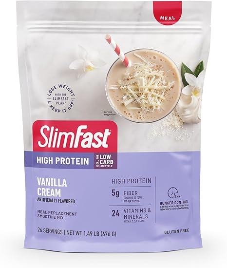 SlimFast High Protein Meal Replacement Powder, Protein Shake Mix, Advanced Nutrition Smoothie Mix, Vitamin and Mineral Blend, Gluten Free, Vanilla Cream, 26 Servings, 0.7kg (1.5 lbs) (Packaging May Vary) product image