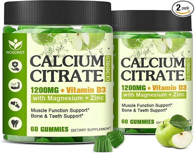 Calcium Citrate 1200mg with Vitamin D3 Supplement Gummies for Women and Men - Chewable Calcium, Magnesium, Zinc D3, K2 Supplement for Bone, Teeth, and Immune Support, Apple Flavor - 60 Gummies (2 Pack) product image