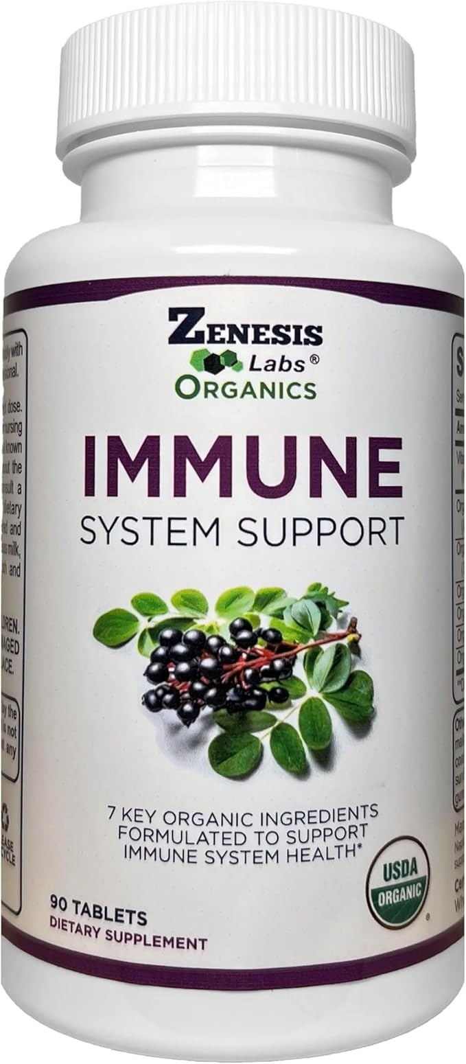 Zenesis Labs Organic Immune Support Supplement Vitamin C, Moringa, Elderberry, Astragalus, Oregano, Ginger, Garlic (90 Tablets, 30-Day Supply) product image