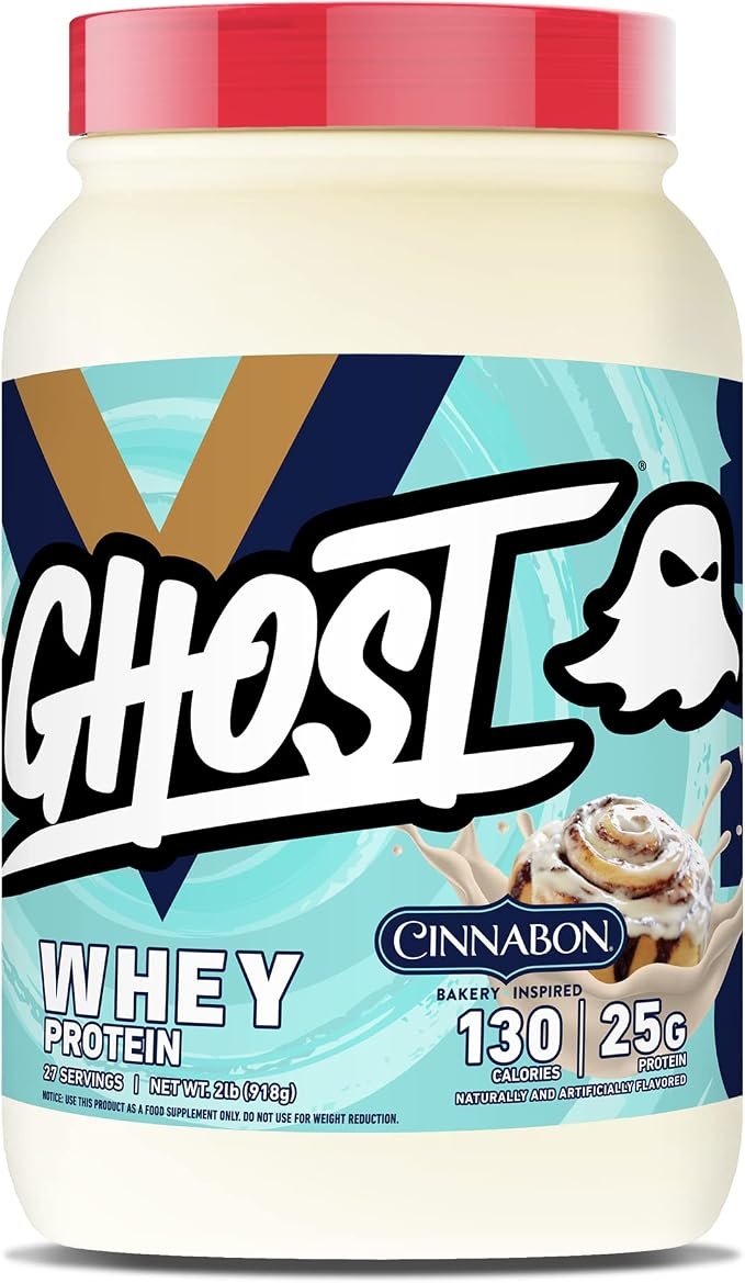GHOST Whey Protein Powder, Cinnamon - 0.9kg (2lb) Container, 25G Protein - Cinnamon Roll Flavor Isolate, Concentrate and Hydrolyzed Whey Protein Blend - Post-Workout Shake - Soy and Gluten Free product image