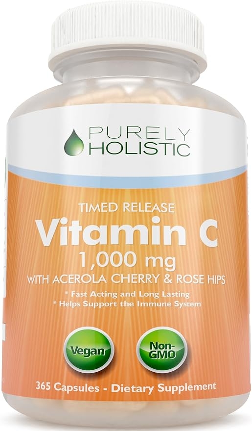 Pureman Holistic Vitamin C, 1000mg, Capsules 365 Count, 12-Month Supply, Ascorbic Acid, Rosehip & Acerola Cherry, Bioflavonoids, Immune System Support, Vegan 2-Stage Timed Release product image