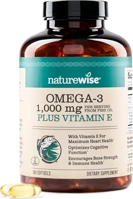 NatureWise Extra Strength Omega 3 Fish Oil Supplement – 1000mg per Serving – EPA 600 and DHA 400 and Vitamin E – Heart and Brain Health Support – Lemon Flavor, Non-GMO – 180 Softgels [3-Month Supply] product image