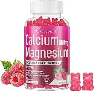 Calcium, Magnesium, Zinc Gummies & Vitamin D3, B6, B12, Immune Support and Bone Health Support, Calcium Magnesium Supplement for Women and Men, Sugar-Free Vegan Raspberry Flavor, 90 Count product image
