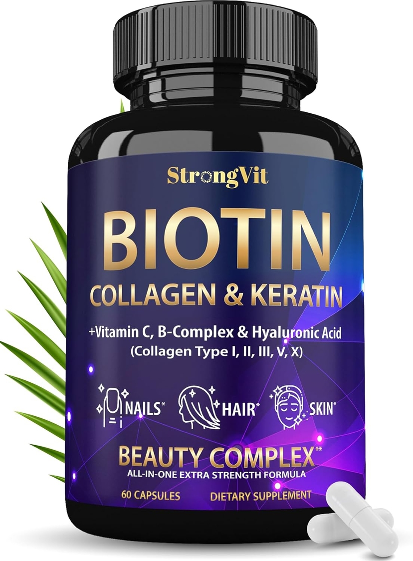 Biotin with Hyaluronic Acid, Keratin, and Collagen Supplement – Hair Growth Vitamin for Women and Men, Healthy Nails and Skin, B1, B2, B3, B6, B7 Complex, USA (60 Capsules) product image
