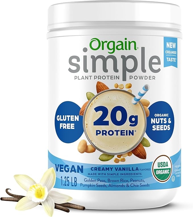 Orgain Organic Simple Vegan Protein Powder, Vanilla - Plant-Based Protein 20g, Made with Fewer Ingredients, No Stevia or Artificial Sweeteners, Gluten Free, Dairy Free, Soy Free - 0.6kg (1.3 lbs) product image