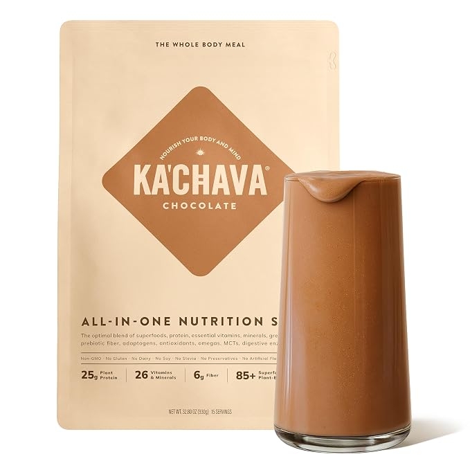 Ka'Chava Whole Meal Shake Chocolate 0.9kg (2lbs) - Vegan Protein Powder with 85+ Superfoods and Vegetables - Plant-Based Meal Replacement with Probiotics and Digestive Enzymes - Gluten and Dairy Free (15 Servings) product image