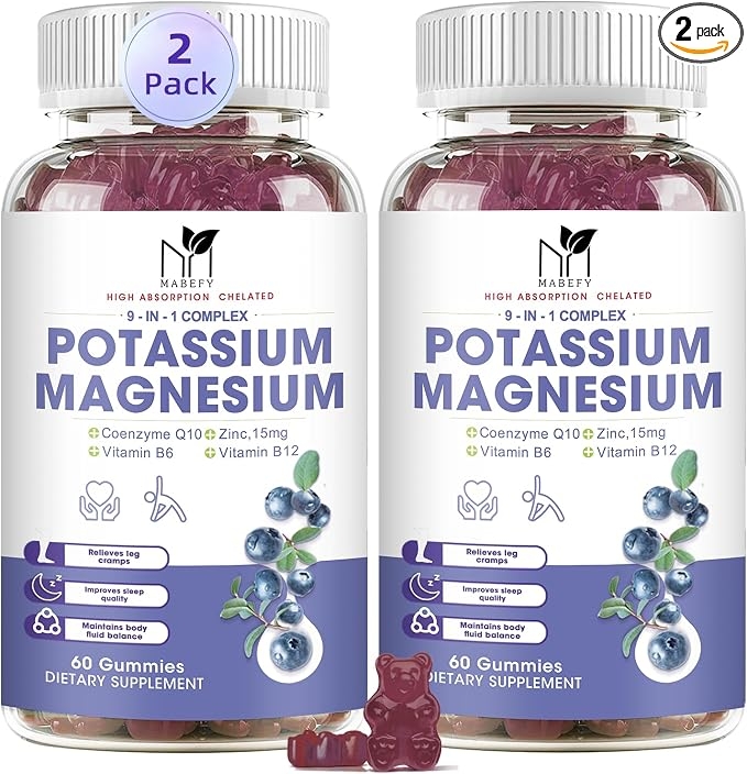 2-Pack Potassium Magnesium Gummies, Sugar-Free Potassium Gummies with Magnesium Glycinate 500mg, Chewable Magnesium Potassium Supplement with Calcium, Zinc, Vitamins, for Leg Cramps and Muscle Pain Relief product image