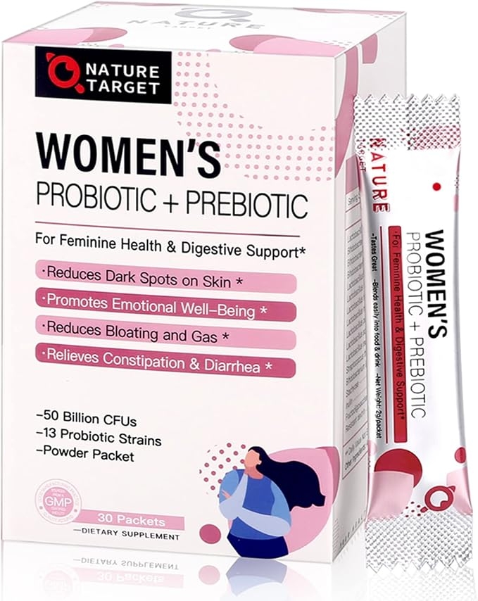 NATURE TARGET Probiotics for Women Probiotic Powder Supplement - Prebiotics and Probiotics for Digestive Health and Immune Support, 30 Individual Stick Bags product image