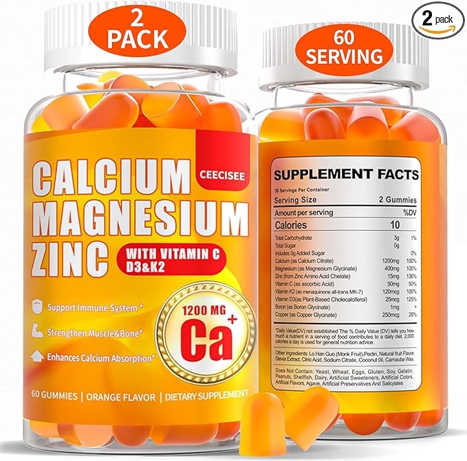 Calcium Magnesium Gummies for Women/Men: With Vitamin C, D3, K2, 1200mg Calcium Citrate Zinc Gummies - Vegan Sugar-Free Chewable High-Absorption Energy Immune Support Supplement (120 Count) product image