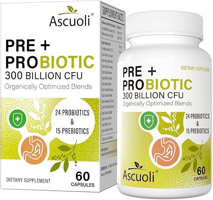 Ascuoli Probiotics for Women & Men - 300 Billion CFU, 24 Strains Probiotics + 15 Organic Herbs Blend, Daily Probiotic for Digestive Health, Immune, Gut, Bloating - 60 Capsule product image