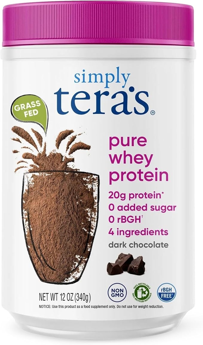 Simply Tera's Pure Whey Protein Powder - Dark Chocolate Clean Protein Powder, Grass-Fed Whey Protein Powder, No Artificial Sweeteners, Clean Label, GMO-Free, Kosher, rBGH-Free - 355ml (12oz) product image