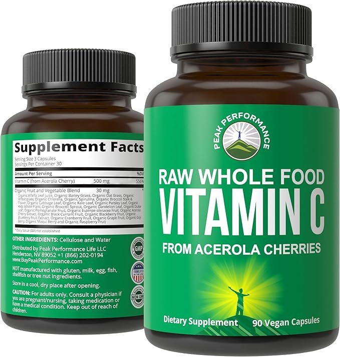 Peak Performance Raw Natural Vitamin C from Acerola Cherry for Maximum Absorption Capsules. Vegan USA Supply, Vitamin C Supplement 90 Capsules. 500mg per Serving or 1000mg per 2 Servings product image