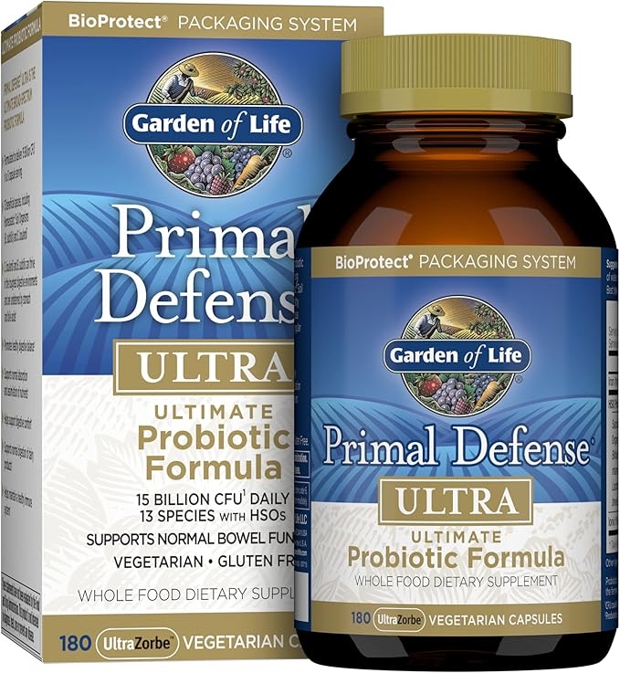 Garden of Life Probiotics for Digestive Health and Gut Health Balance, Primal Defense Ultra Ultimate Formula, 15 Billion CFU and 13 Strains Plus HSOs, Vegetarian and Gluten Free, 180 Capsules product image