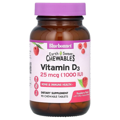 Bluebonnet Nutrition Earthsweet Chewables Vitamin D3 Raspberry 25 Mcg 1 000 Iu 90 Chewable Tablets product image