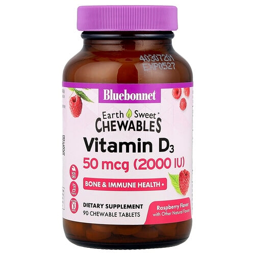 Bluebonnet Nutrition Earthsweet Chewables Vitamin D3 Raspberry 50 Mcg 2 000 Iu 90 Chewable Tablets product image