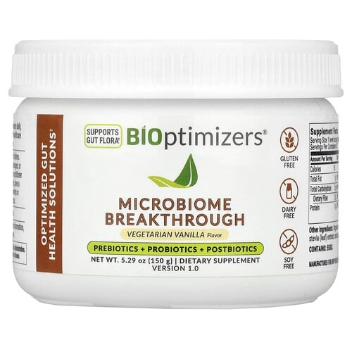 Bioptimizers Microbiome Breakthrough Prebiotics Probiotics Postbiotics Vegetarian Vanilla 5 29 Oz 150 G product image