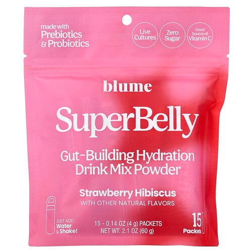 Blume Superbelly Gut Building Hydration Drink Mix Powder Strawberry Hibiscus 15 Packets 0 14 Oz 4 G Each product image