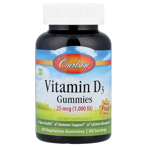 Carlson Vitamin D3 Gummies Natural Fruit 25 Mcg 1 000 Iu 60 Vegetarian Gummies product image