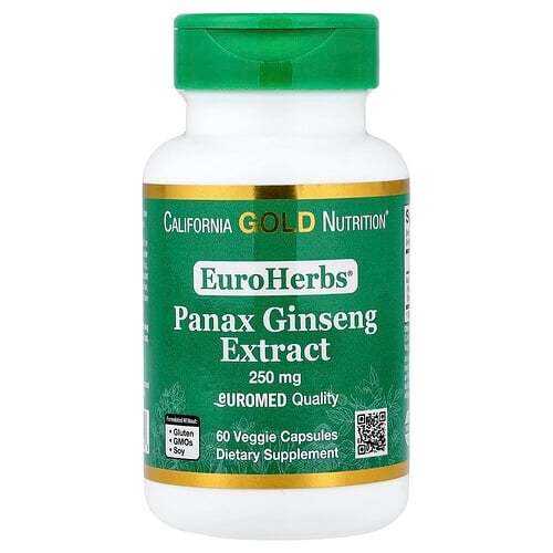 California Gold Nutrition Euroherbs Panax Ginseng Extract Euromed Quality 250 Mg 60 Veggie Capsules product image