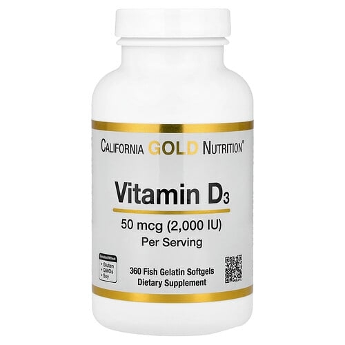 California Gold Nutrition Vitamin D3 50 Mcg 2 000 Iu 360 Fish Gelatin Softgels product image