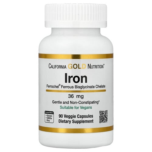 California Gold Nutrition Ferrochel Iron Bisglycinate 36 Mg 90 Veggie Capsules product image