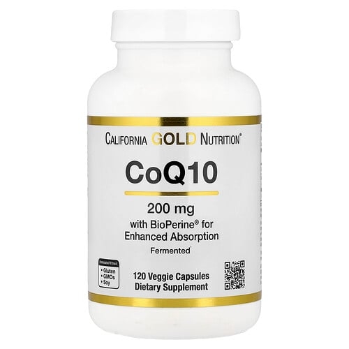 California Gold Nutrition Coq10 With Bioperine And Black Pepper Extract Enhanced Biovailability 200 Mg 120 Veggie Capsules product image