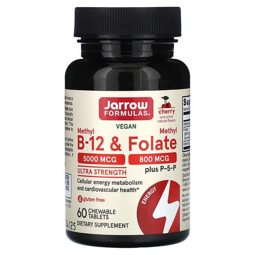 Jarrow Formulas Vegan Methyl B 12 Methyl Folate Ultra Strength Cherry 60 Chewable Tablets product image