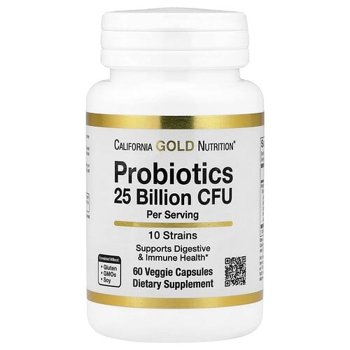 California Gold Nutrition Probiotics With Lactobacillus Acidophilus Bifidobacterium Lactis Lactobacillus Plantarum And Lactobacillus Casei 10 Strain Blend 25 Billion Cfu 60 Veggie Capsules product image
