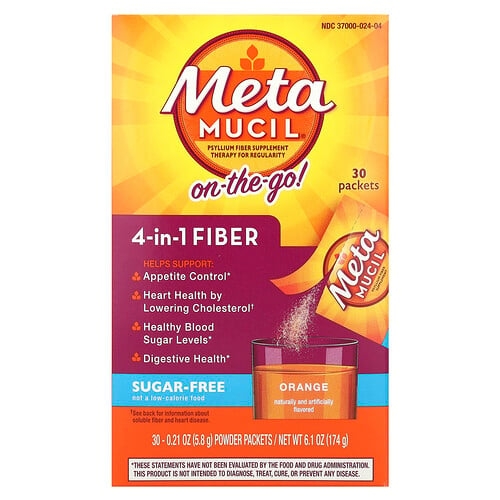 Metamucil On The Go 4 In 1 Fiber Orange Sugar Free 30 Powder Packets 0 21 Oz 5 8 G Each product image