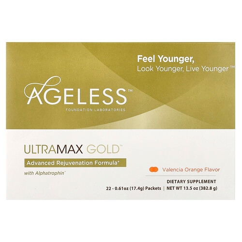 Ageless Foundation Laboratories Ultramax Gold With Alphatrophin Valencia Orange 22 Packets 0 61 Oz 17 4 G Each product image