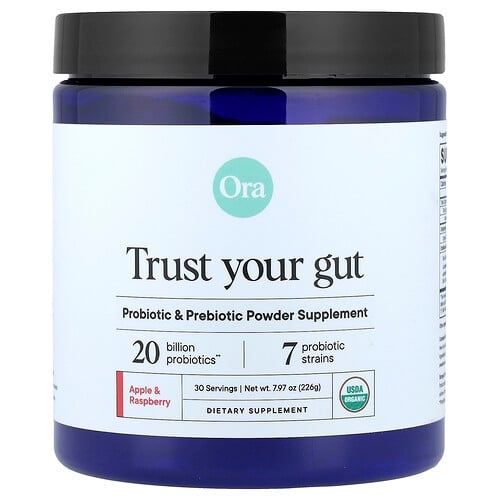 Ora Trust Your Gut Probiotic Prebiotic Powder Supplement Organic Apple Raspberry 7 97 Oz 226 G product image