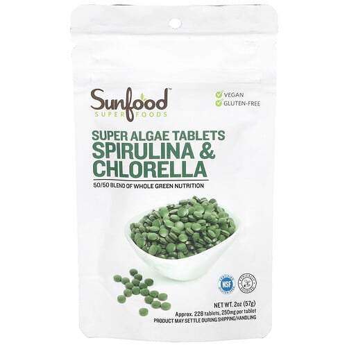 Sunfood Super Algae Tablets Spirulina Chlorella 250 Mg Approx 228 Tablets 2 Oz 57 G product image