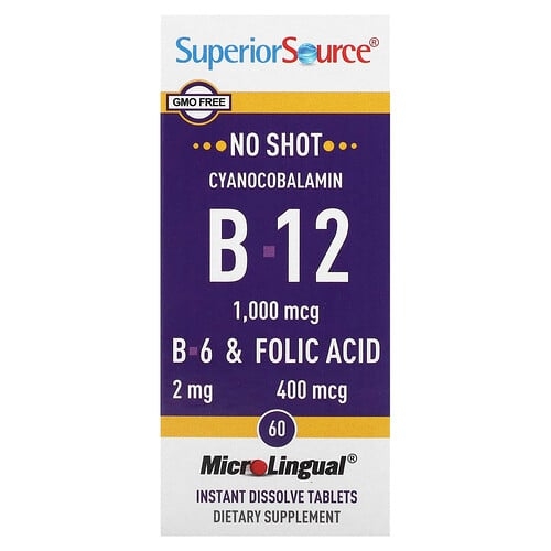 Superior Source Cyanocobalamin B 12 B 6 Folic Acid 1 000 Mcg 2 Mg 400 Mcg 60 Microlingual Instant Dissolve Tablets product image