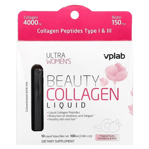 Vplab Ultra Women S Beauty Collagen Liquid Tropical Fruits Strawberry Kiwi 10 Liquid Tubes 3 38 Fl Oz 100 Ml product image