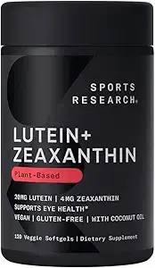 Sports Research Vegan Lutein + Zeaxanthin (20mg) with Organic Coconut Oil for Better Absorption – Vision and Eye Health Support – Vegan Certified and Non-GMO Verified (120 Softgels)