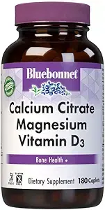 Bluebonnet Nutrition Calcium Citrate Magnesium Plus Vitamin D3 Capsules, Bone Health and Muscle Relaxation, Non-GMO, Gluten, Soy and Dairy Free, Kosher, White, Unflavored, 180 Count
