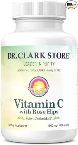 Dr. Clark, Vitamin C with Rose HIPS Supplement – 1000mg, Gelatin Capsules 100 Tablets, Immune Support and Antioxidant Protection