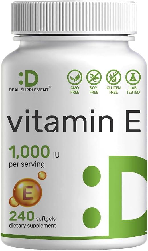 DEAL SUPPLEMENT Vitamin E Supplement, 1,000IU per Serving, 240 Softgels - Ultra-Potent Antioxidant Protection - Bioavailable Stable Form - Supports Skin, Heart, Brain and Immune Health - Non-GMO product image