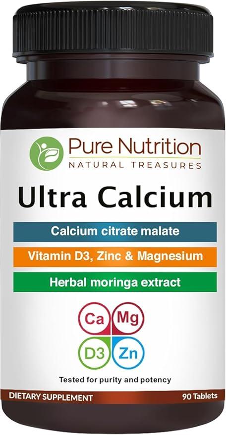 Pure Nutrition Ultra Calcium 1000mg (with Vitamin D3 + K2) | 90 Tablets | High-Absorption Calcium Supplement Containing Calcium Citrate Malate, Vitamin D3, K2, Moringa Oleifera, Magnesium, and Zinc product image