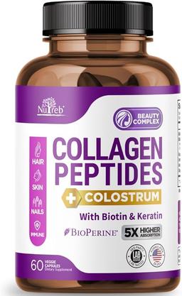 Collagen Peptides for Women with Colostrum, Biotin and Keratin - Type I, II, III, V, X - 5x Higher Absorption - Hair Skin and Nails Vitamin - Women's Collagen - Collagen Pills - 60 Capsules