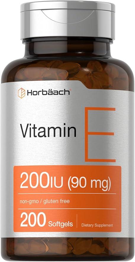 Horbäach Vitamin E Softgel Capsules | 200 IU (90mg) Supplement | 200 Count | GMO Free and Gluten Free Formula product image